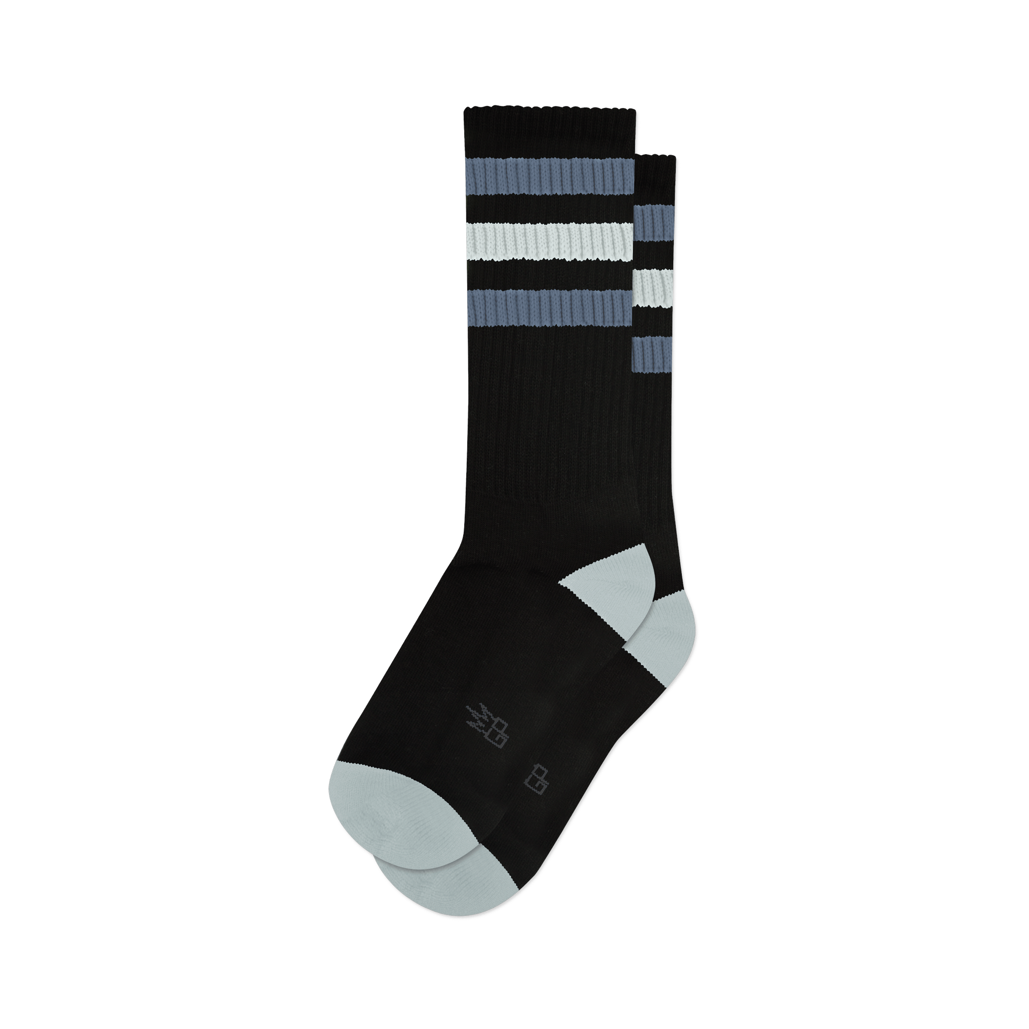 Pair of black crew socks with grey and white stripes.  Features a light grey toe and heel, and a small logo on the sole.