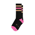Pair of black crew socks with pink and beige retro stripes.  Pink accents at the heel and toe. Small logo on the sole.