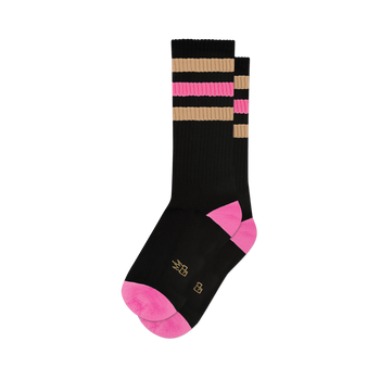 Pair of black crew socks with pink and beige retro stripes.  Pink accents at the heel and toe. Small logo on the sole.