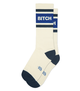 Pair of cream crew socks with bold blue and dark grey stripes and the word 'BITCH' on each sock.