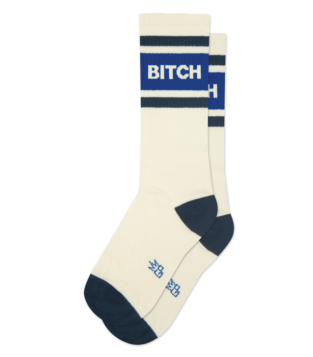 Pair of cream crew socks with bold blue and dark grey stripes and the word 'BITCH' on each sock.