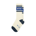 Cream athletic crew socks with navy blue toe/heel and stripes. Bold blue stripe features "BITCH" in white lettering.