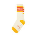 Pair of cream crew socks with orange and yellow stripes and the word 'FREAK' displayed.  A fun, retro design.