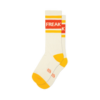 Pair of cream crew socks with orange and yellow stripes and the word 'FREAK' displayed.  A fun, retro design.