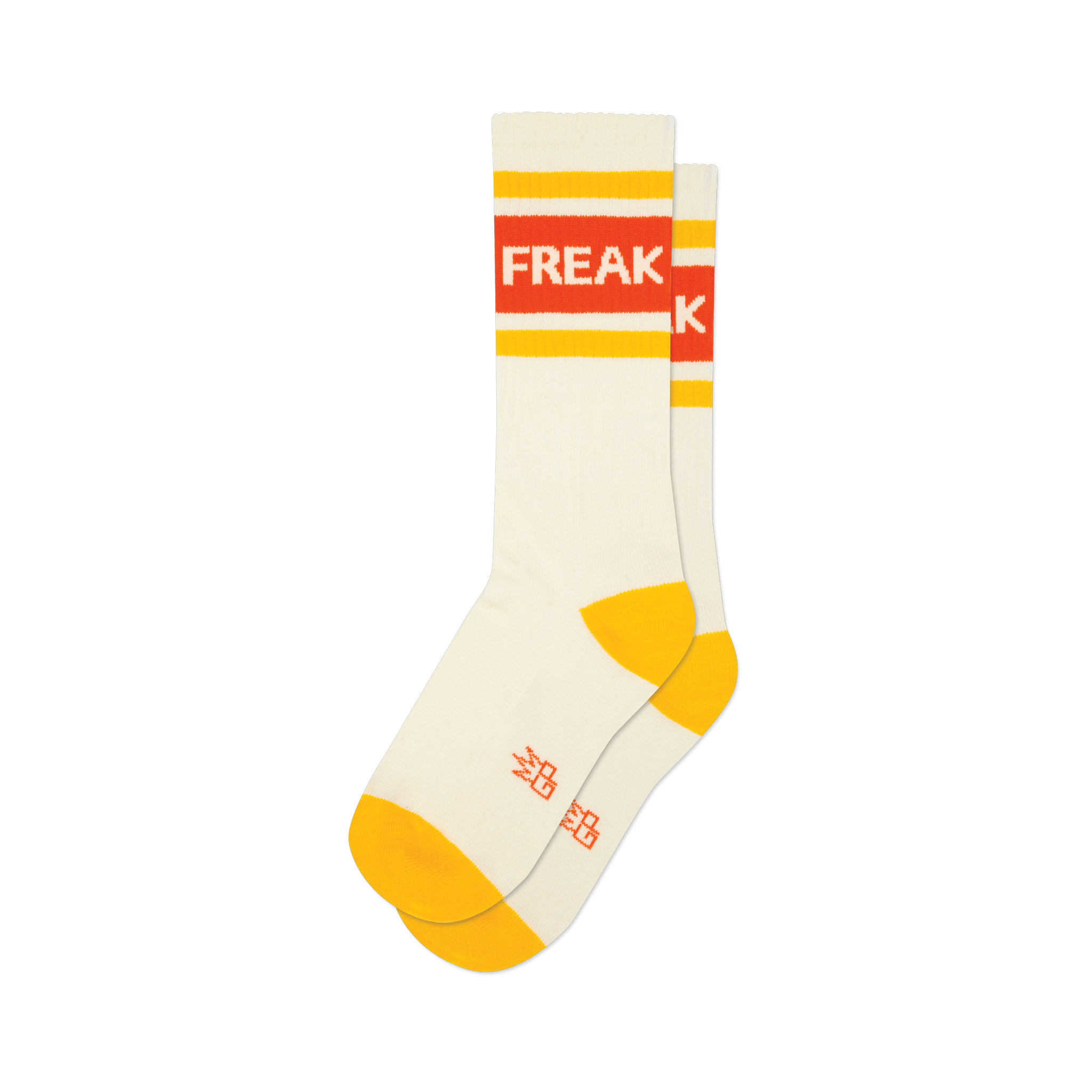 Pair of cream crew socks with orange and yellow stripes and the word 'FREAK' displayed.  A fun, retro design.