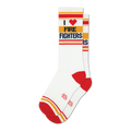 Pair of white crew socks with red, navy, and gold stripes and 'I Heart Fire Fighters' graphic.