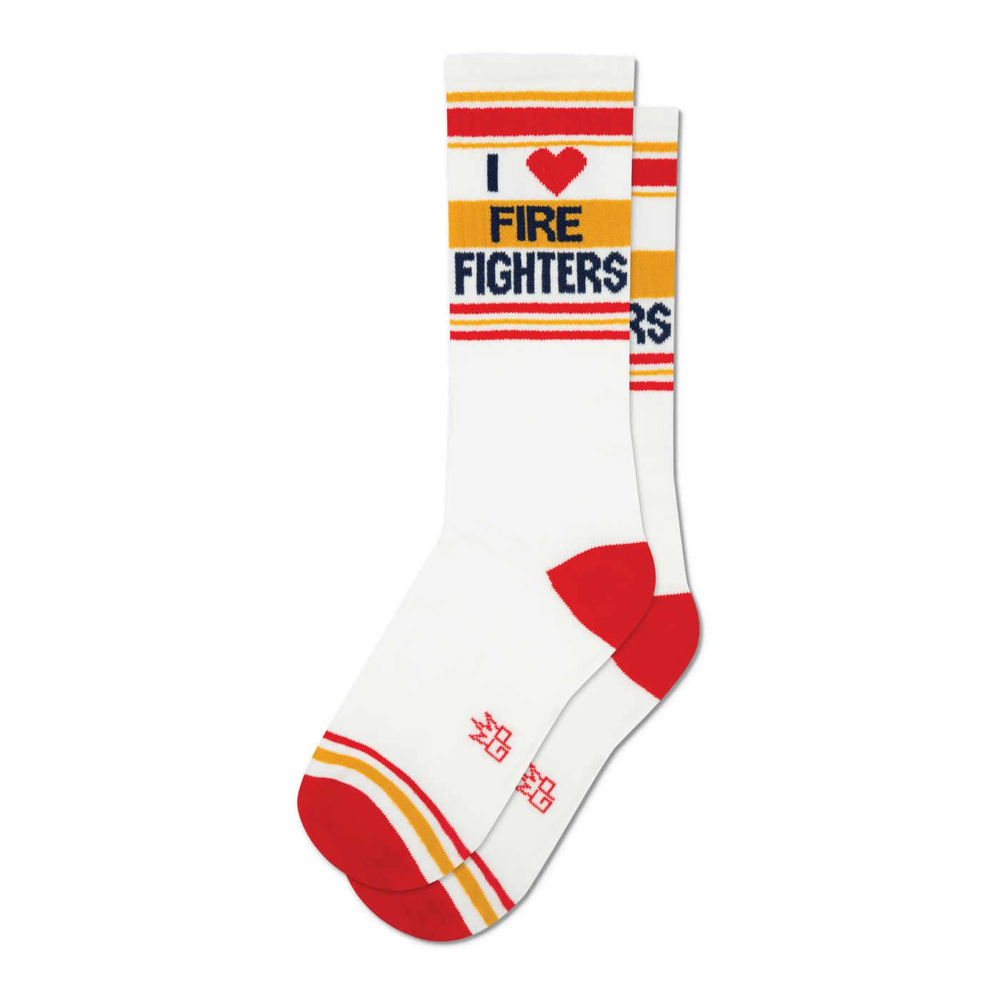 Pair of white crew socks with red, navy, and gold stripes and 'I Heart Fire Fighters' graphic.