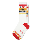Pair of white crew socks with red, navy, and gold stripes and 'I Heart Fire Fighters' graphic.