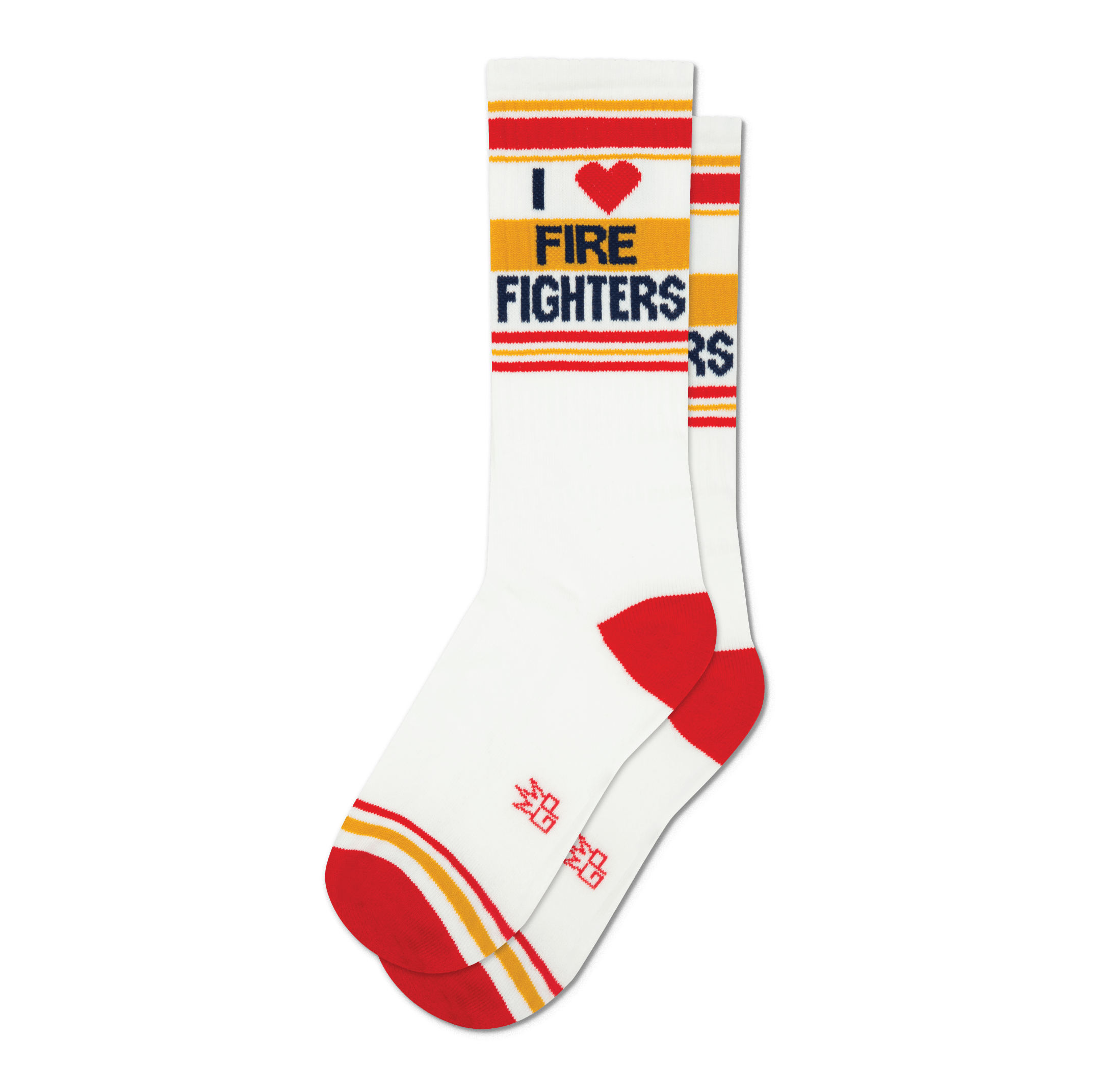 Pair of white crew socks with red, navy, and gold stripes and 'I Heart Fire Fighters' graphic.