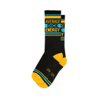 Pair of black socks featuring "Average Dick Energy" in alternating yellow and blue, with yellow toes, heels, and accent strip