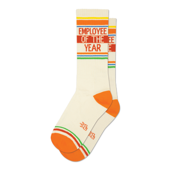 Pair of cream-colored crew socks with orange, red, yellow, and green stripes and the text 'Employee of the Year'.