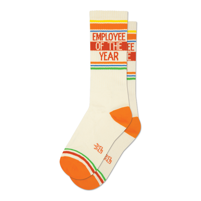 Pair of cream-colored crew socks with orange, red, yellow, and green stripes and the text 'Employee of the Year'.