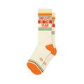 Pair of cream-colored crew socks with orange, red, yellow, and green stripes and the text 'Employee of the Year'.