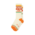 Pair of cream-colored crew socks with orange, red, yellow, and green stripes and the text 'Employee of the Year'.