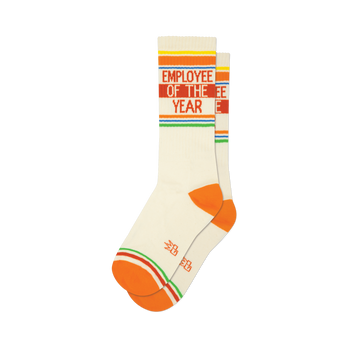 Pair of cream-colored crew socks with orange, red, yellow, and green stripes and the text 'Employee of the Year'.