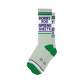 Pair of grey crew socks with green and purple stripes.  Text reads 'Horny for Spreadsheets'.