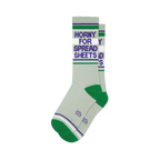 Pair of grey crew socks with green and purple stripes.  Text reads 'Horny for Spreadsheets'.