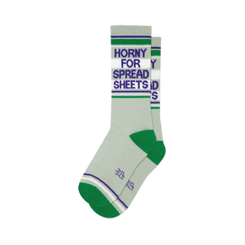 Pair of grey crew socks with green and purple stripes.  Text reads 'Horny for Spreadsheets'.