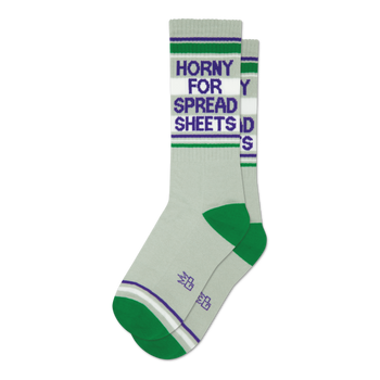 Pair of grey crew socks with green and purple stripes.  Text reads 'Horny for Spreadsheets'.
