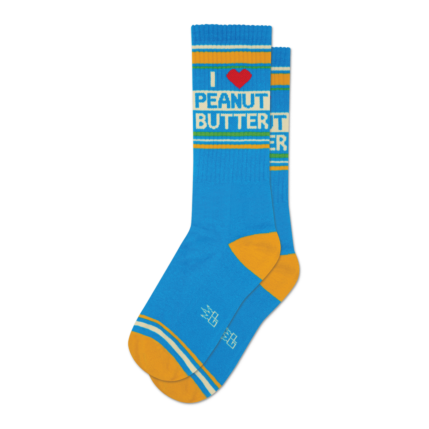 Pair of blue crew socks with a retro design. Features 'I Heart Peanut Butter' text, red heart, and gold accents.