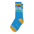 Pair of blue crew socks with a retro design. Features 'I Heart Peanut Butter' text, red heart, and gold accents.