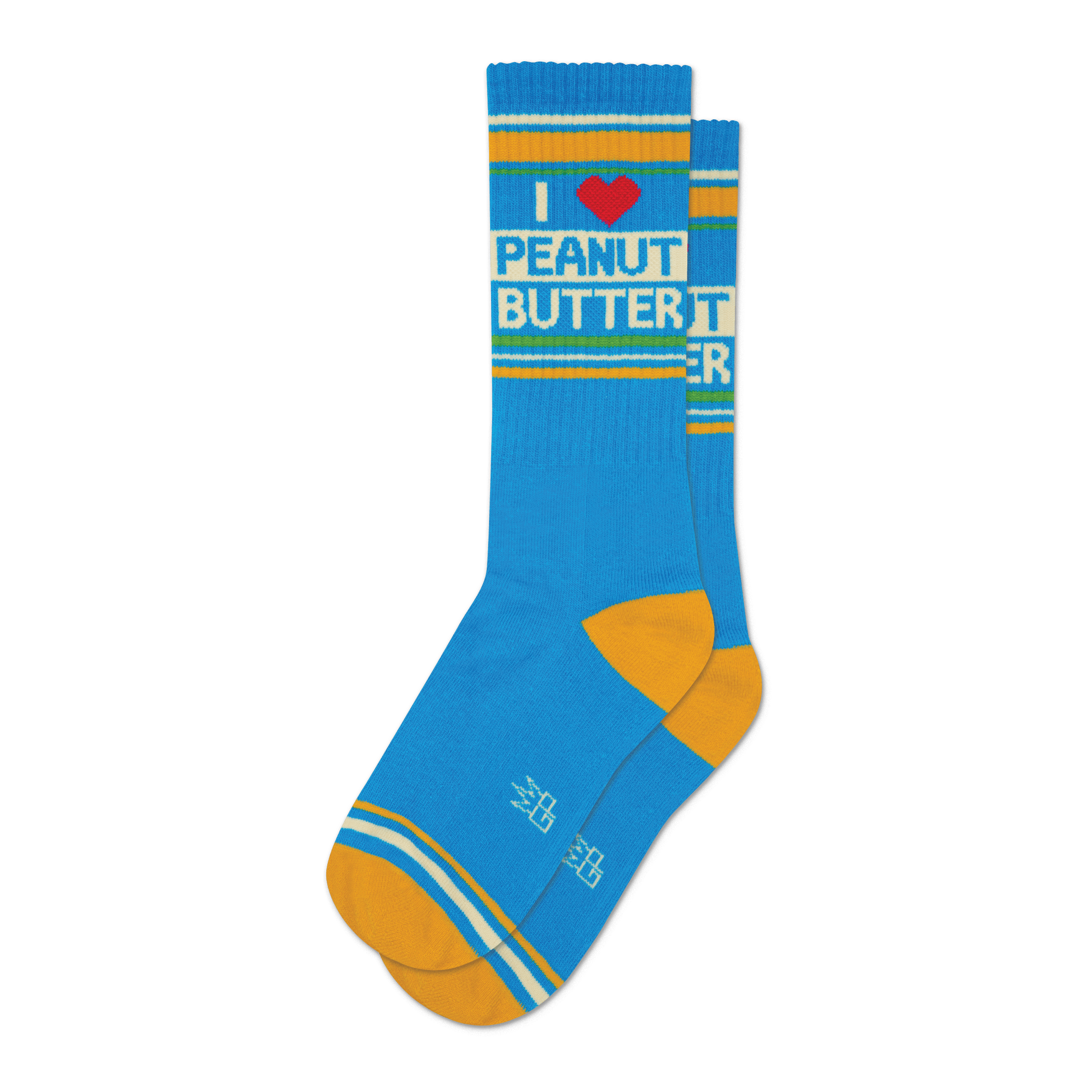 Pair of blue crew socks with a retro design. Features 'I Heart Peanut Butter' text, red heart, and gold accents.