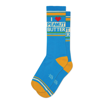 Pair of blue crew socks with a retro design. Features 'I Heart Peanut Butter' text, red heart, and gold accents.