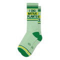 Pair of light green crew socks with green and yellow stripes and the text 'I DIG NATIVE PLANTS'.
