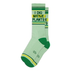 Pair of light green crew socks with green and yellow stripes and the text 'I DIG NATIVE PLANTS'.