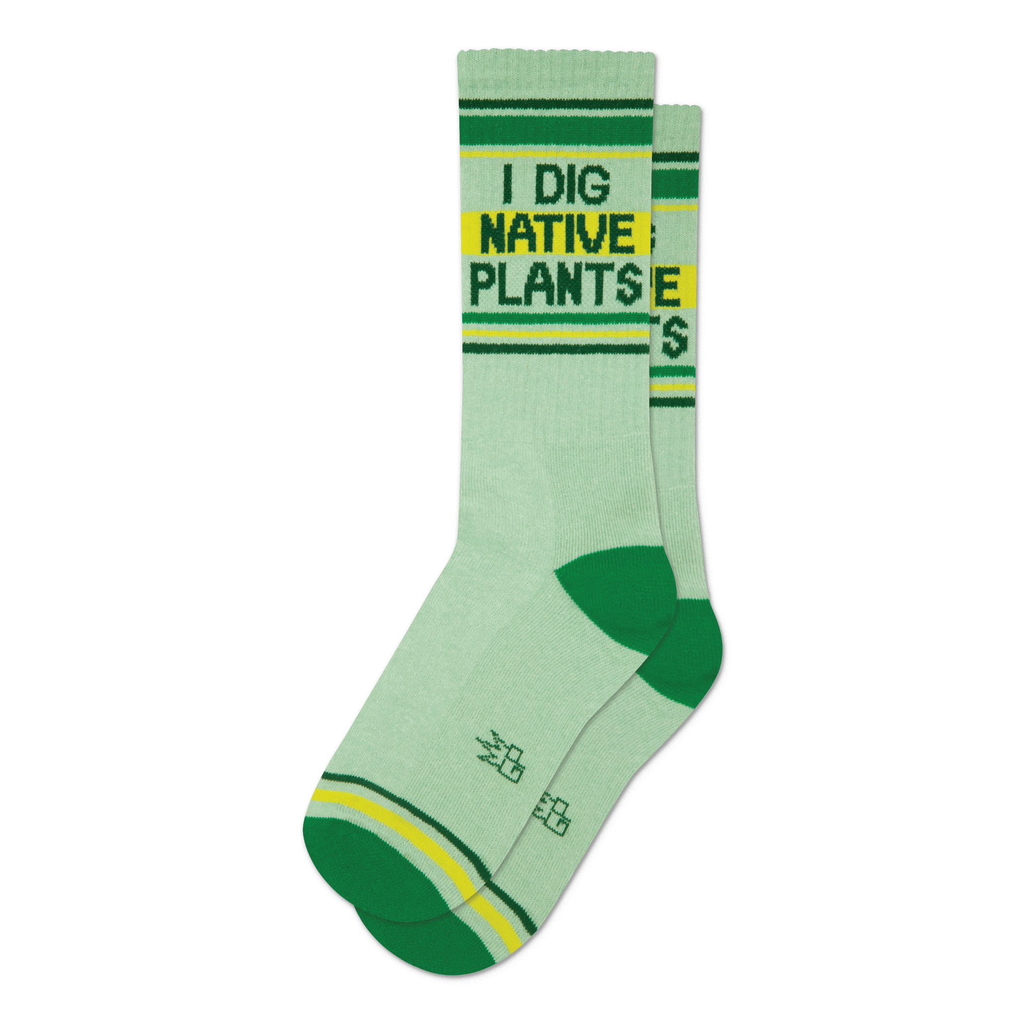 Pair of light green crew socks with green and yellow stripes and the text 'I DIG NATIVE PLANTS'.