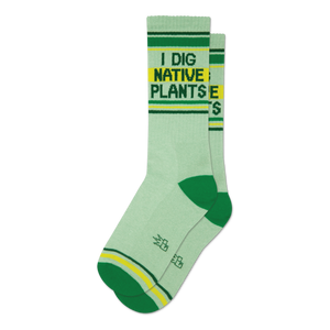 Pair of light green crew socks with green and yellow stripes and the text 'I DIG NATIVE PLANTS'.