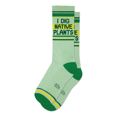 Pair of light green crew socks with green and yellow stripes and the text 'I DIG NATIVE PLANTS'.