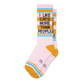 Pair of crew socks in pink with gold and teal stripes. Text reads: 'I LIKE CATS MORE THAN PEOPLE'.