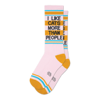 Pair of crew socks in pink with gold and teal stripes. Text reads: 'I LIKE CATS MORE THAN PEOPLE'.