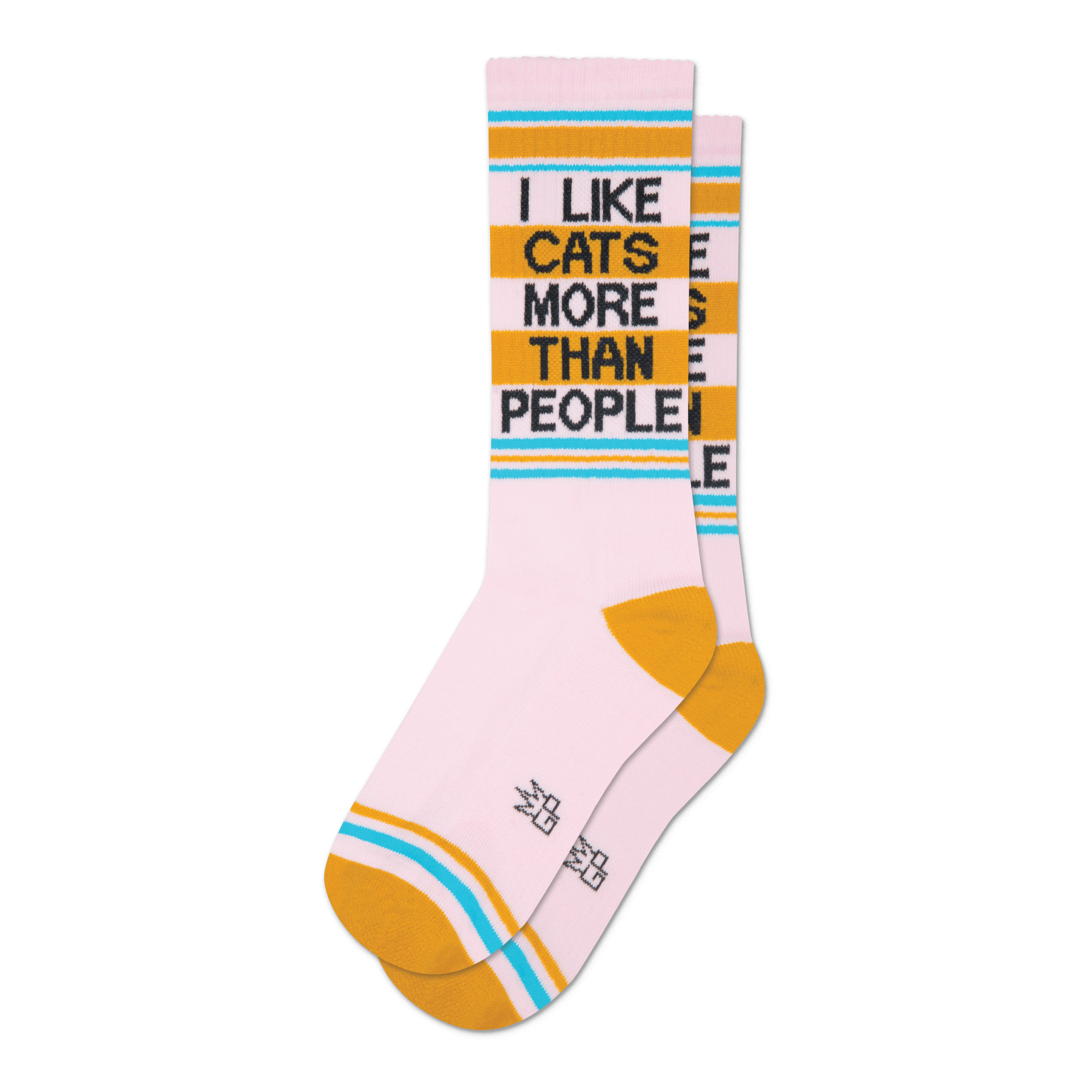 Pair of crew socks in pink with gold and teal stripes. Text reads: 'I LIKE CATS MORE THAN PEOPLE'.