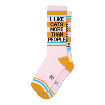 Pair of crew socks in pink with gold and teal stripes. Text reads: 'I LIKE CATS MORE THAN PEOPLE'.