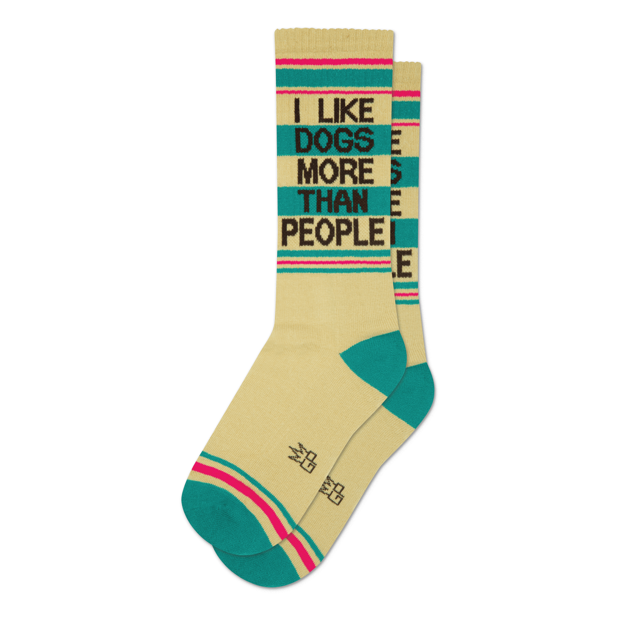 Pair of cream crew socks with teal and pink stripes and the text 'I LIKE DOGS MORE THAN PEOPLE' in brown.