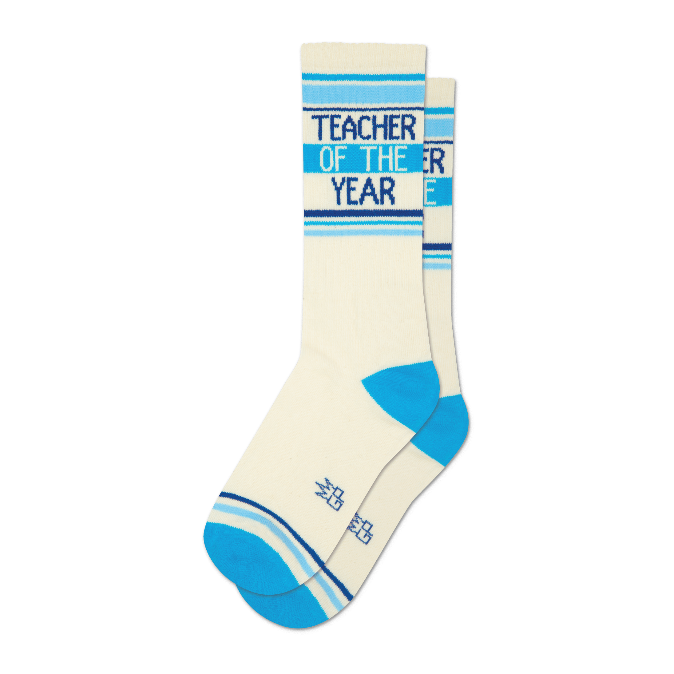 Pair of off-white crew socks with blue stripes and 'Teacher of the Year' text. 