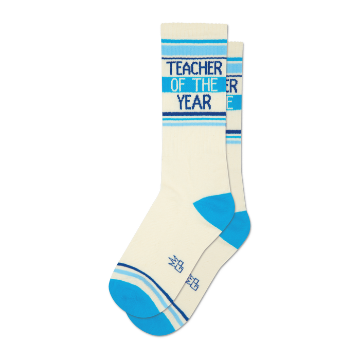 Pair of off-white crew socks with blue stripes and 'Teacher of the Year' text. 