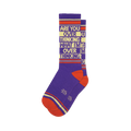 Pair of purple crew socks with orange and beige stripes and the text 'ARE YOU OVER THINKING WHAT I'M OVER THINKING' repeated.