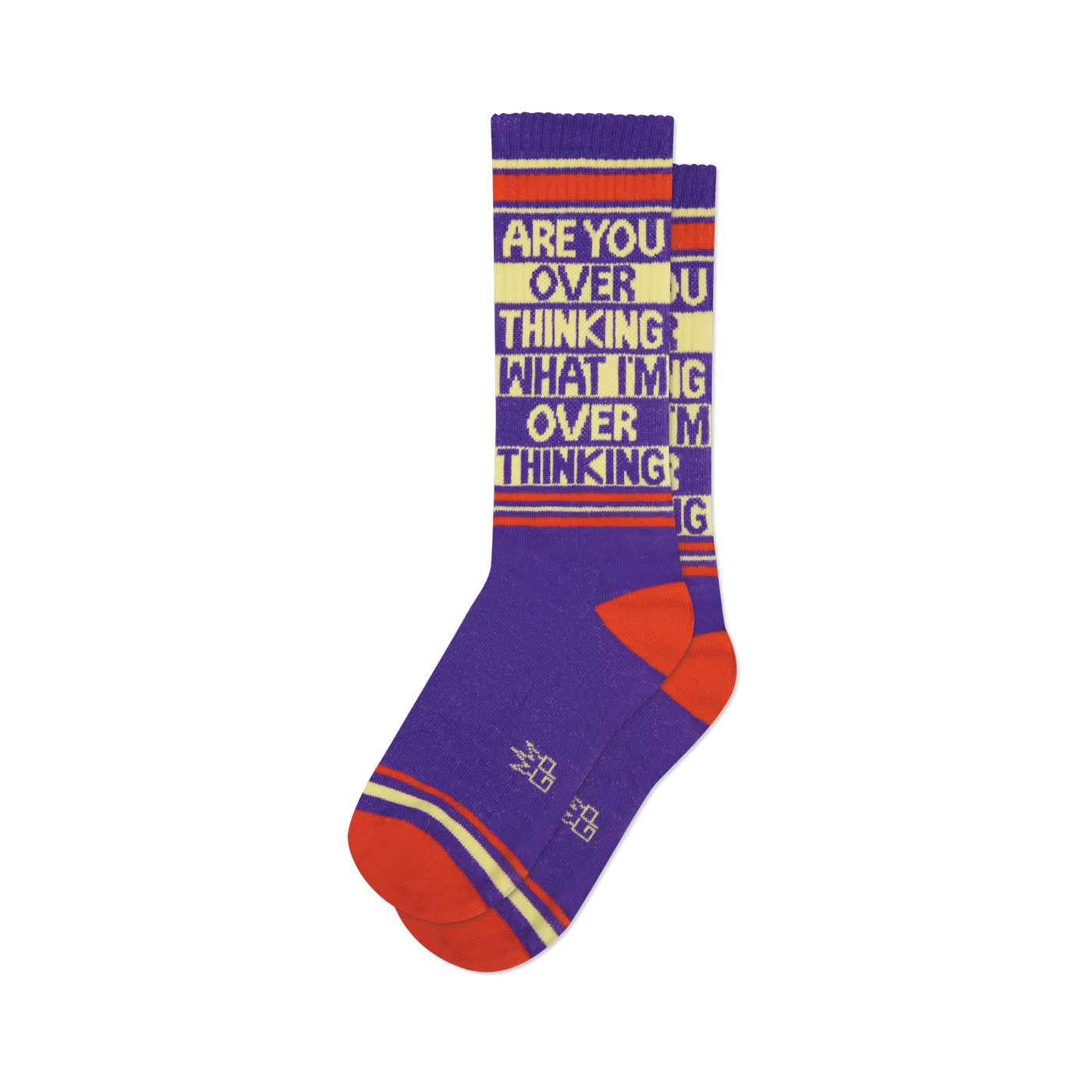 Pair of purple crew socks with orange and beige stripes and the text 'ARE YOU OVER THINKING WHAT I'M OVER THINKING' repeated.