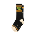 Pair of black crew socks with orange and lime green stripes and 'BOOK BUM' text. 