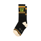 Pair of black crew socks with orange and lime green stripes and 'BOOK BUM' text. 