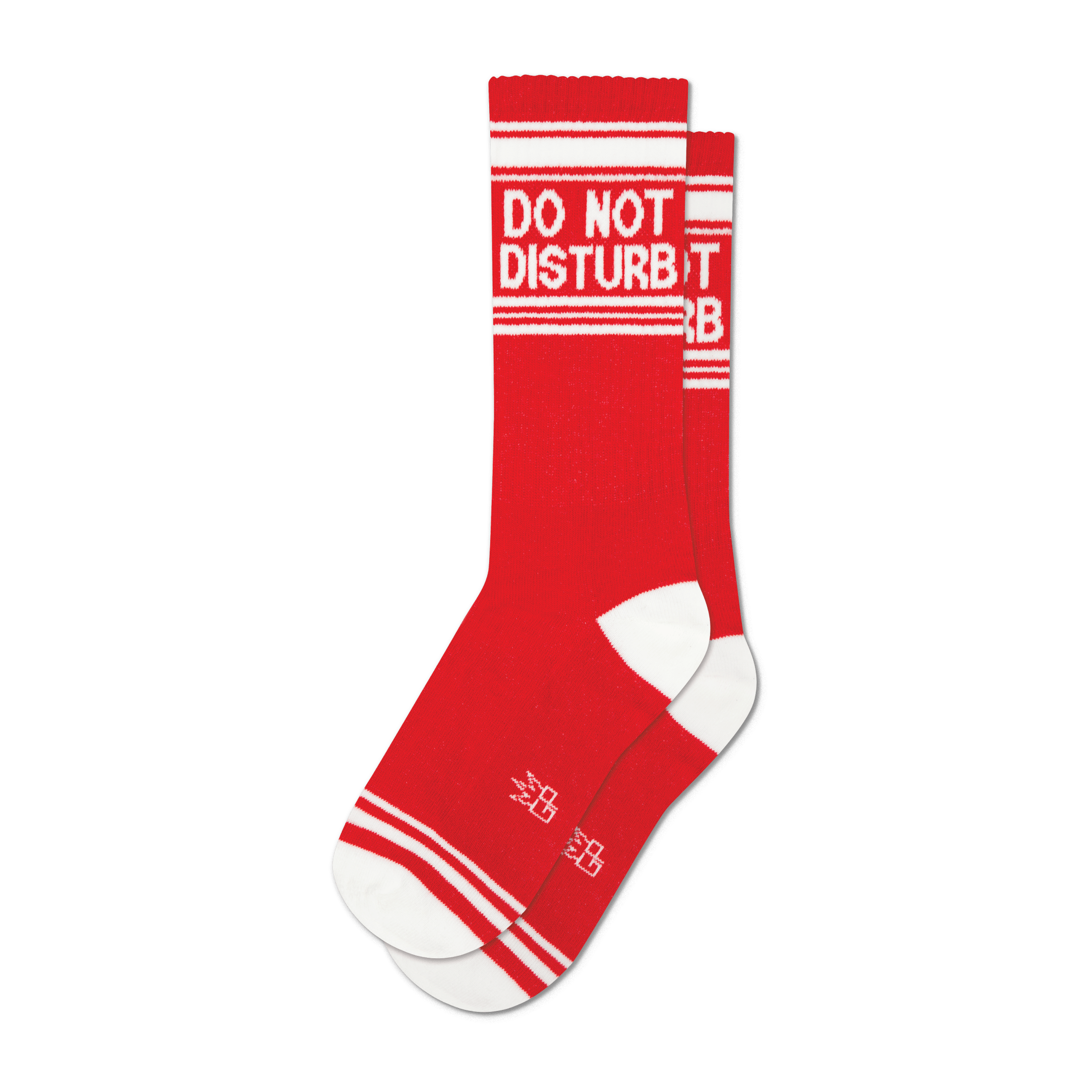 Pair of red crew socks with a white 'Do Not Disturb' message and white stripes. Small logo near the toes.