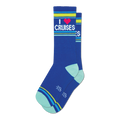 Pair of blue crew socks with 'I Heart Cruises' graphic, pink heart, and neon yellow and green stripes. 
