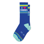 Pair of blue crew socks with 'I Heart Cruises' graphic, pink heart, and neon yellow and green stripes. 