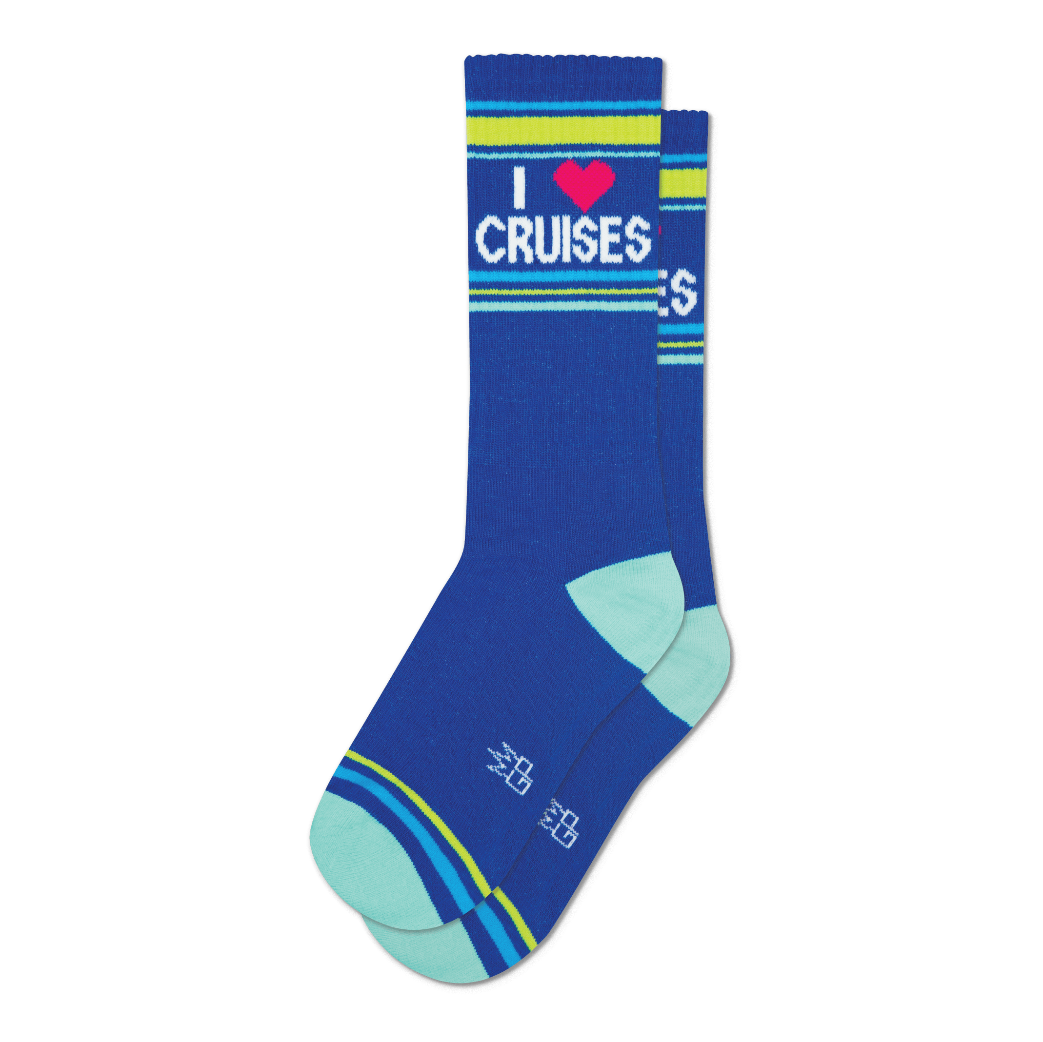 Pair of blue crew socks with 'I Heart Cruises' graphic, pink heart, and neon yellow and green stripes. 