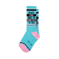 Pair of teal crew socks with pink and black stripes.  Text reads: 'I'm not sure what I'm doing out of bed'.