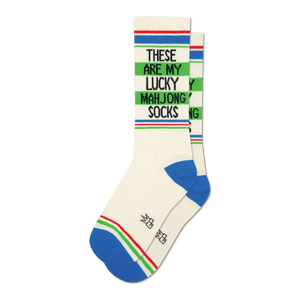 Pair of off-white crew socks with blue, green, and red stripes at the top and bottom. Text reads: 'These Are My Lucky Mahjong Socks'.