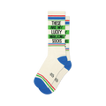 Pair of off-white crew socks with blue, green, and red stripes at the top and bottom. Text reads: 'These Are My Lucky Mahjong Socks'.